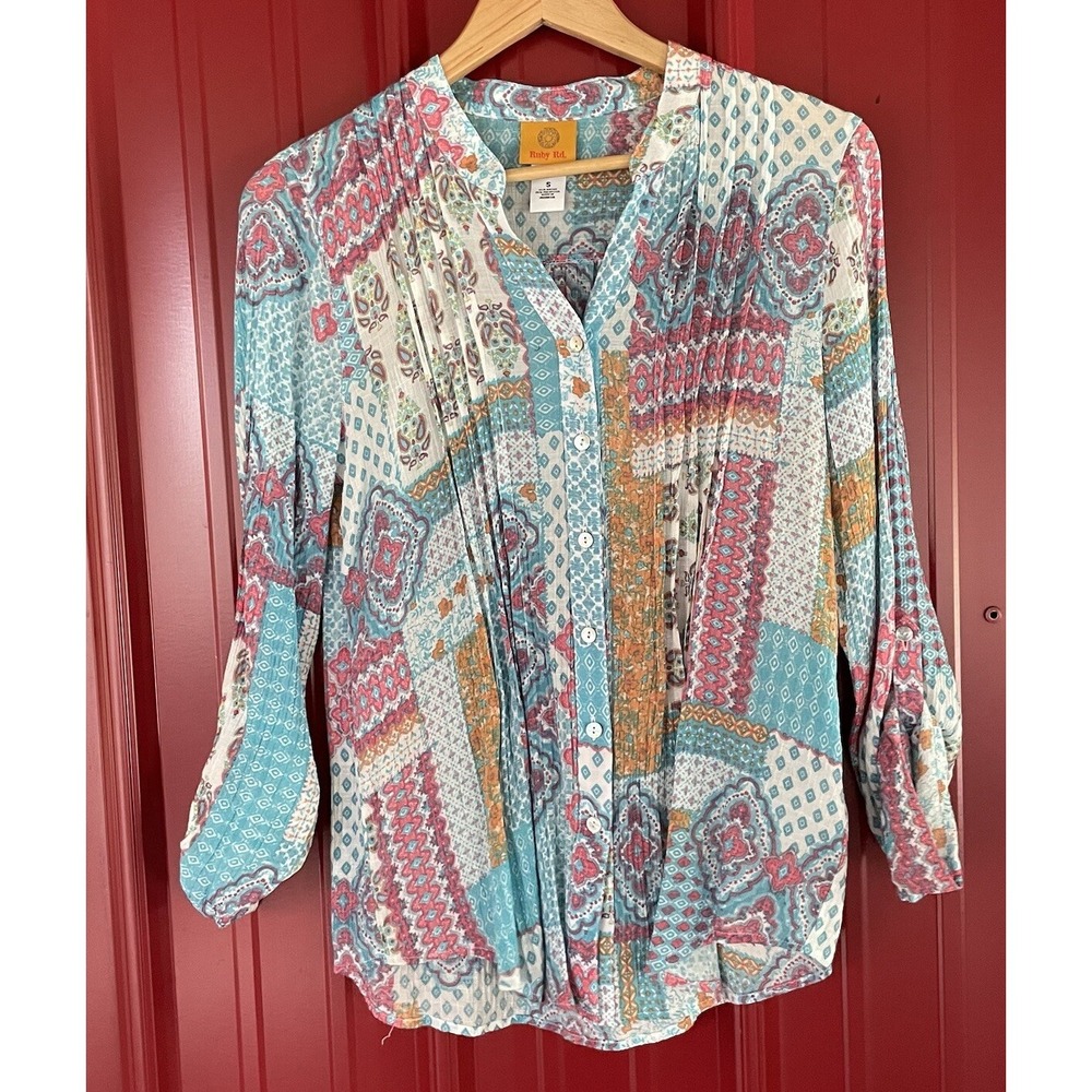 Ruby Rd Top Floral Blouse Shirt Button Up Long Sleeve Boho Womens Small